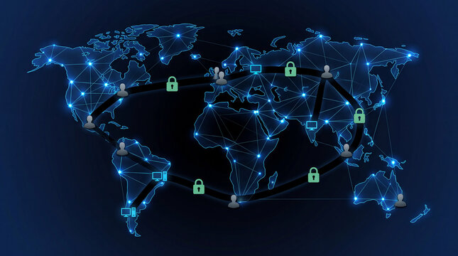 Global network map with glowing connections and security icons representing cybersecurity infrastructure and worldwide digital protection systems
