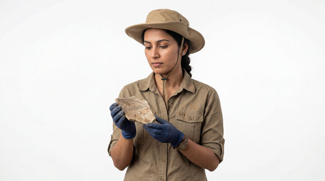 Female archaeologist examining ancient artifact in field gear for historical research and cultural heritage preservation