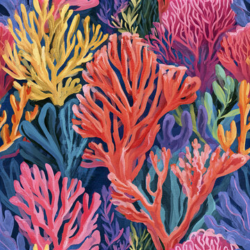 Colorful coral reef pattern with vibrant red, yellow, pink, and purple branches creating artistic underwater scene