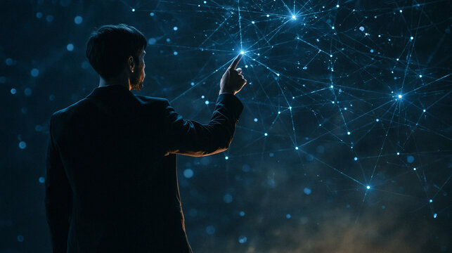 Interconnected Future: A lone figure in a suit interacts with a glowing, complex network of digital connections, symbolizing the interconnectedness of data and innovation.