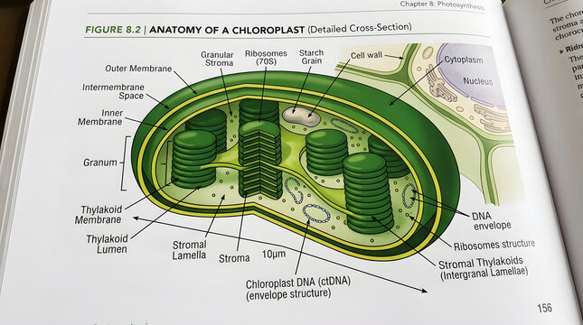 Anatomy of a chloroplast detailed cross section showing granum stroma and thylakoid membrane structures.