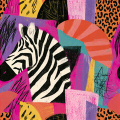 Obraz premium Abstract zebra head with colorful geometric shapes and animal skin patterns creating bold artistic design full of vibrant