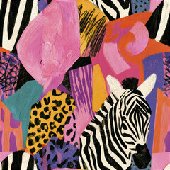 Obraz premium Abstract colorful animal skin pattern with zebra and leopard print in bold geometric shapes creating vibrant texture