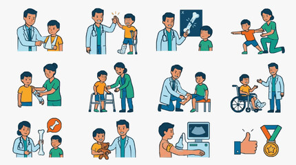 Fototapeta premium Minimalist Illustrated Guide to Pediatric Orthopedic and Physical Therapy Recovery Journey with high quality professional line art symbols for modern creative design and digital branding projects