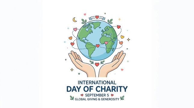 International Day of Charity typographic design, September 5 vector illustration with hands holding earth globe, hearts, symbols of global giving, royalty, philanthropy
