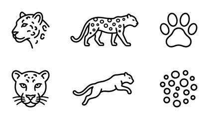 Obraz premium Leopard Icons Set: Wild Cat Faces, Full Body Poses, Paw Print, Spot Pattern Vector Graphics