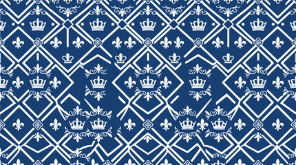 Royal Blue Damask Pattern with White Crowns and Fleur-de-lis - Elegant Background © Huenar