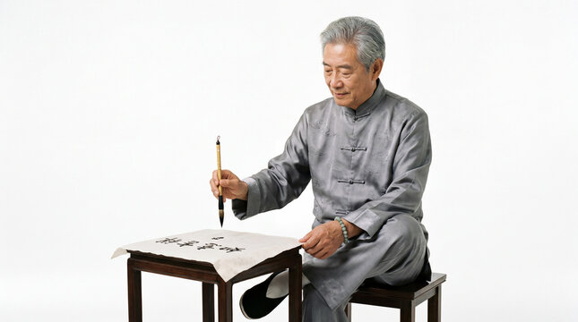 Elderly man practicing traditional chinese calligraphy with brush and ink on paper for cultural heritage and mindfulness concept