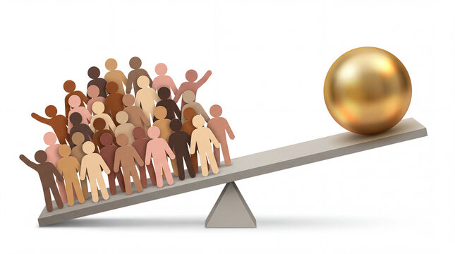 Diverse group of people balancing against a gold sphere on seesaw representing economic inequality and social justice