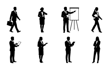 Fototapeta premium Business Silhouettes: 8 Professional Figures in Action, Presentation, Walking, Tablet Use, Vector Icons