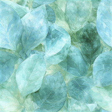 Seamless calming blue green foliage pattern with overlapping leaves creating soothing natural texture