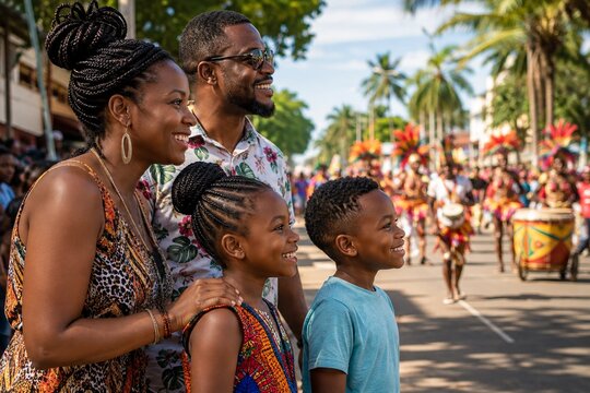 Happy Family Watching Mombasa Carnival Street Parade in Kenya
