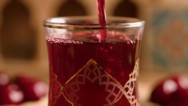 Pouring Vibrant Red Hibiscus Tea or Juice into a Traditional Ornate Moroccan Glass. Close-up Shot Emphasizing Rich Color and Cultural Serving Style.