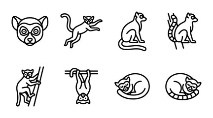 Fototapeta premium Lemur Icons Set, Primate Vector Graphics, Cute Monkey Illustrations, Wild Animal Line Art Collection
