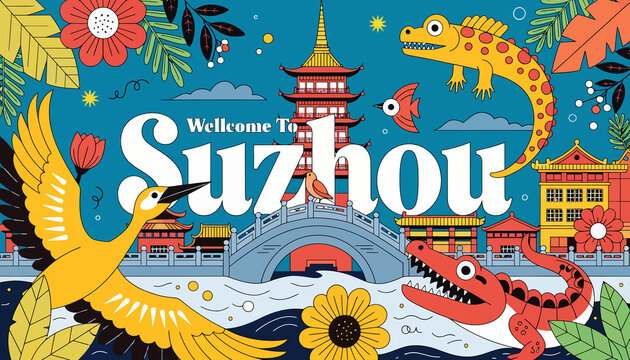 Welcome to Suzhou: Vibrant Chinese Cityscape with Crane, Crocodiles, and Flowers