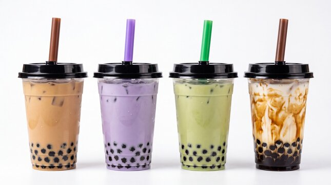 Four assorted colorful bubble tea cups with tapioca pearls arranged neatly in row on white background