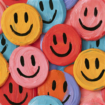 Colorful hand painted smiley face pattern with cheerful expressions creating joyful and vibrant background design