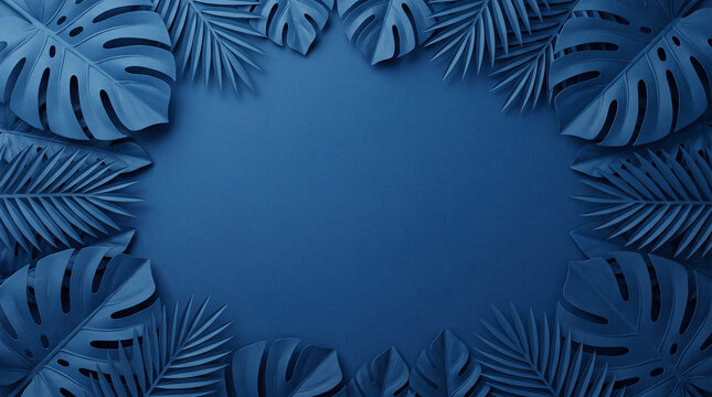 Symmetric navy blue tropical leaf border incorporates palm and monstera elements around circular central focal point.