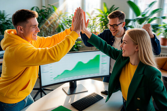Team celebration and success in modern office. Young colleagues high fiving at workplace with growing financial chart. Positive team dynamics, achievement, joy and corporate synergy.
