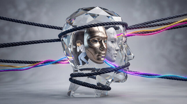 Crystal head sculpture with masks and ropes wrapped around it representing mental health struggles and emotional confinement