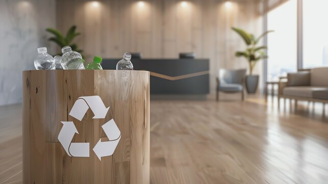 Modern office with eco-friendly recycling bin.