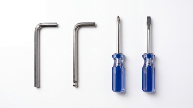 Metal hex keys and blue handle screwdrivers arranged neatly in a studio shot on white background