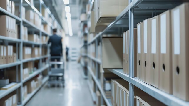 Organized office storage with file boxes.