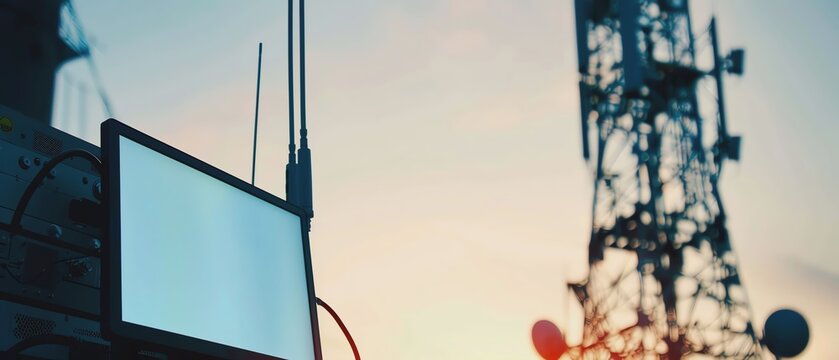 Telecommunication equipment at sunset.