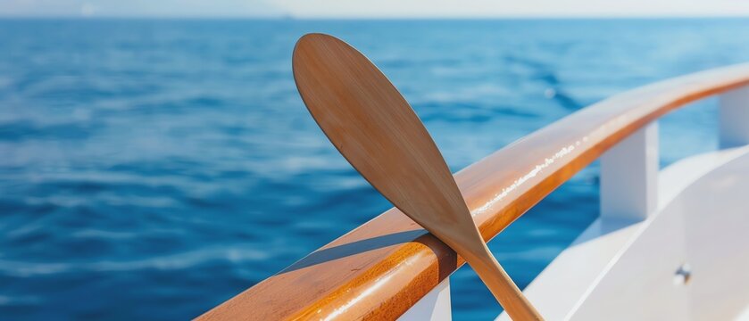 Wooden paddle rests on the boat's edge at sea.