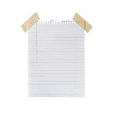 Blank sheet of lined notebook paper taped to the wall isolated on transparent background
