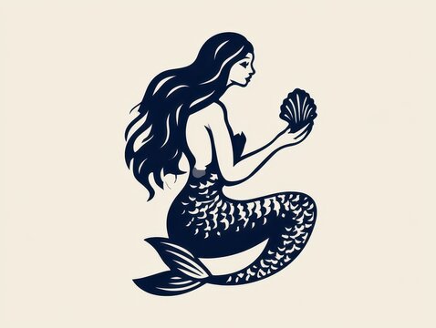 Elegant silhouette illustration of a mermaid holding a seashell, vintage style graphic art on a light cream background