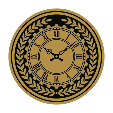 Antique clock face with roman numerals and laurel wreath.