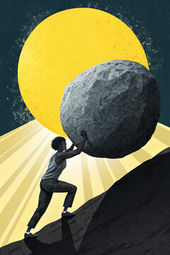 Person pushing heavy stone uphill against huge sun concept of perseverance