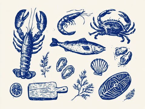 Collection of hand drawn seafood elements including lobster, crab, shrimp, fish, oysters, and lemon, vintage engraving style food illustration