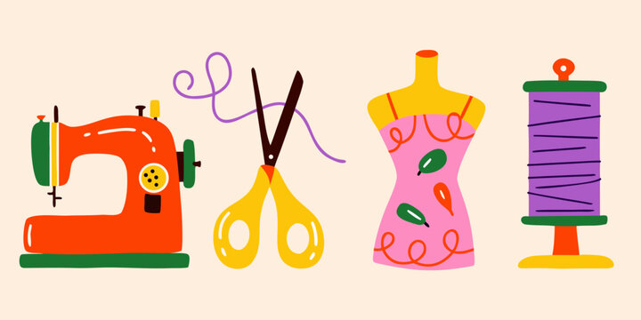 Sewing machine scissors dress form and spool of thread in a vector illustration