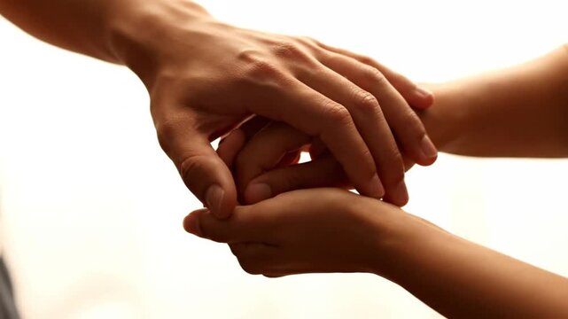Close-up of adult hands gently holding a childs hands, conveying care and connection.