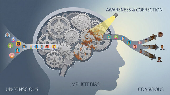 Human head silhouette with gears and flashlight illuminating rusted parts representing unconscious bias awareness and correction for diversity training materials