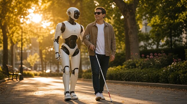 Humanoid robot assistant helping blind man with walking stick walk in park, assistive technology concept