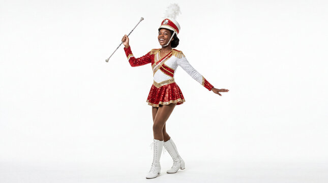 Young black girl in red and white marching band uniform holding baton smiling with joyful expression performance and celebration