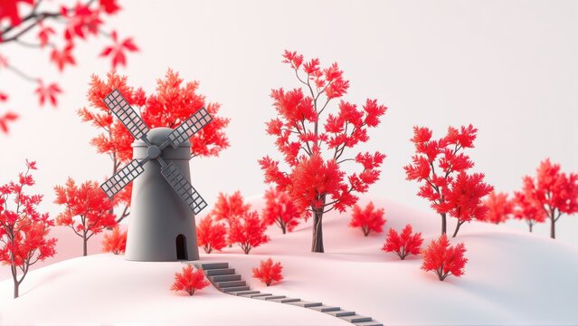 Minimalist landscape features windmill, red trees, gentle hills. Soft lighting creates serene, stylized scene. Steps lead toward structure.