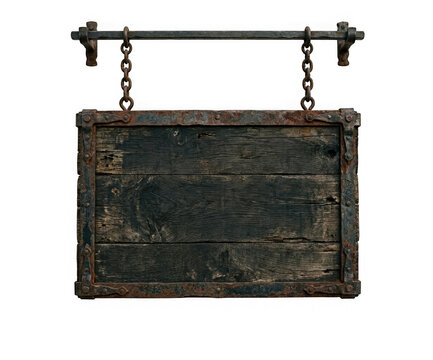 Old rustic wooden sign with metal frame hanging on chains isolated on transparent background