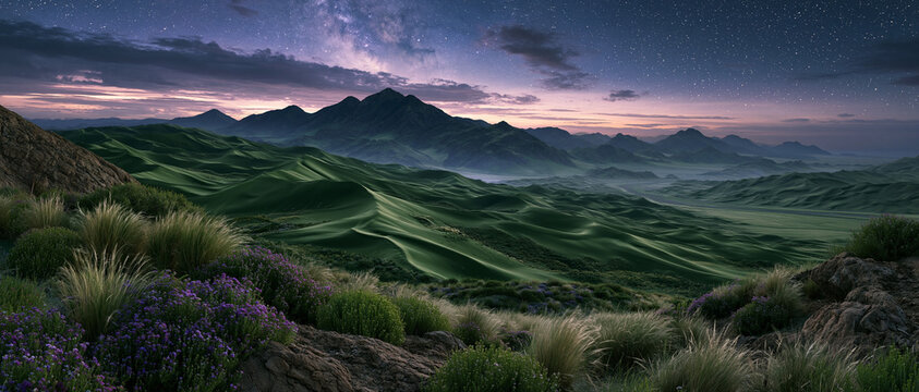 Desert mountain landscape wide shot , with green grass is fore ground of image , fantasy sky is background.