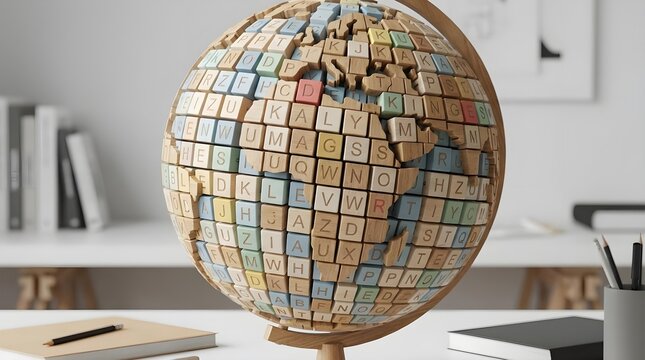 Alphabet letter cubes forming globe shape world language concept