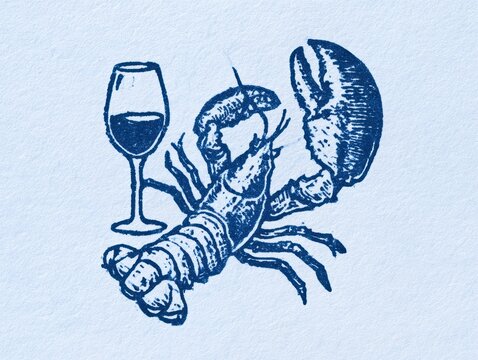 Lobster with a glass of wine, hand drawn illustration, engraving style
