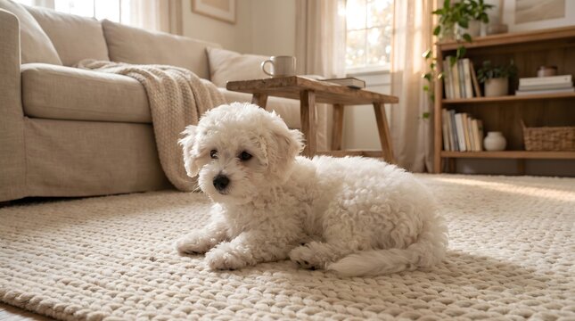 A cute fluffy white bichon frise puppy sitting on a soft rug in a cozy sunlit living room