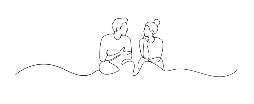 Single line drawing of a man and woman having a serious conversation. Continuous line drawing of two people discussing an important matter together. Representing communication and understanding.