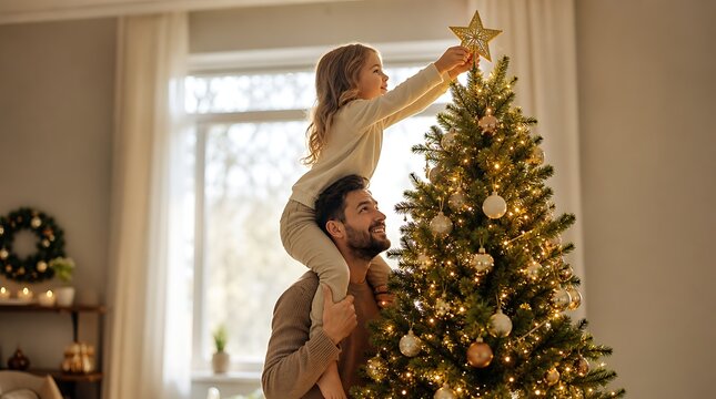 Little girl sitting on father shoulder placing star topper on christmas tree, happy family holiday celebration concept