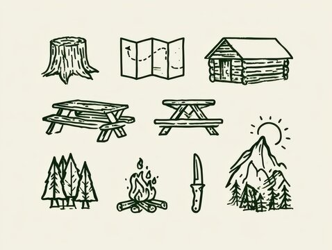 Camping and outdoor adventure doodle set, hand drawn forest elements, cabin, campfire, picnic table, mountain, map, tree stump, knife, vector illustration