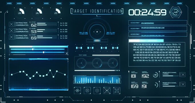 Futuristic blue digital interface displays target identification data, charts, coordinates, numerical indicators and system information