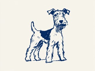 Naklejka premium Handdrawn illustration of a wire fox terrier dog, vintage style ink sketch, blue and cream aesthetic